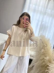 BLUZKA TENCELOWA KRÓTKI RĘKAW Z ZAPIĘCIEM Z TYŁU BEŻ