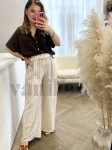 MATERIAŁOWE SPODNIE WIDE LEG W PASKI BEŻ