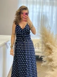 WISKOZOWA SUKIENKA SORAYA MAXI NA RAMIĄCZKACH W GROCHY GRANAT