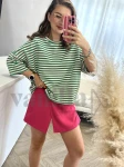 KRÓTSZY T-SHIRT Z GRUBSZEJ BAWEŁNY  W PASKI ZIELEŃ RÓŻ