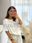 BAWEŁNIANY T-SHIRT OVERSIZE  Z PODWIJANYM RĘKAWEM BIAŁY