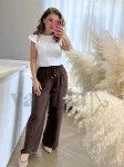 SPODNIE WISKOZOWE TYPU WIDE LEG Z TROCZKIEM CZEKOLADA