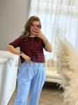 BAWEŁNIANY T-SHIRT IRIS Z LAMÓWKĄ BURGUND W PASKI BEŻ
