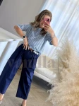 BAWEŁNIANY T-SHIRT IRIS Z LAMÓWKĄ BŁĘKIT W PASKI CZEKOLADA