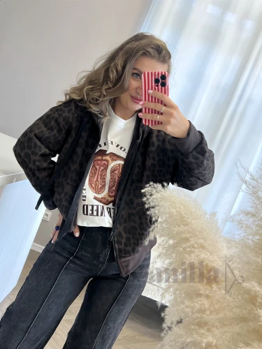 BLUZA Z KAPTUREM NA ZAMEK W PANTERKĘ 