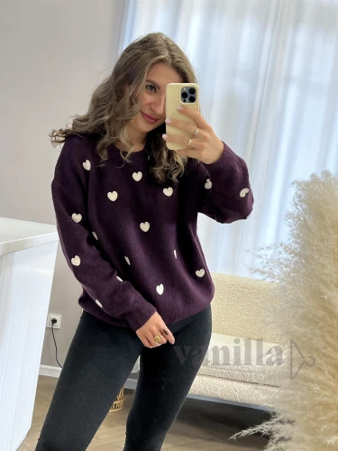 SWETER W HAFTOWANE SERDUSZKA BAKŁAŻAN