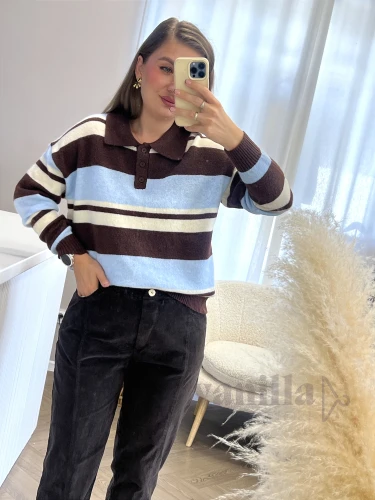 SWETER WISKOZOWY POLO Z DŁUGIM RĘKAWEM W PASY CZEKOLADA
