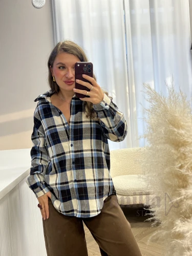 BAWEŁNIANA KOSZULA W KRATĘ BŁĘKIT CZEKOLADA WANILIA